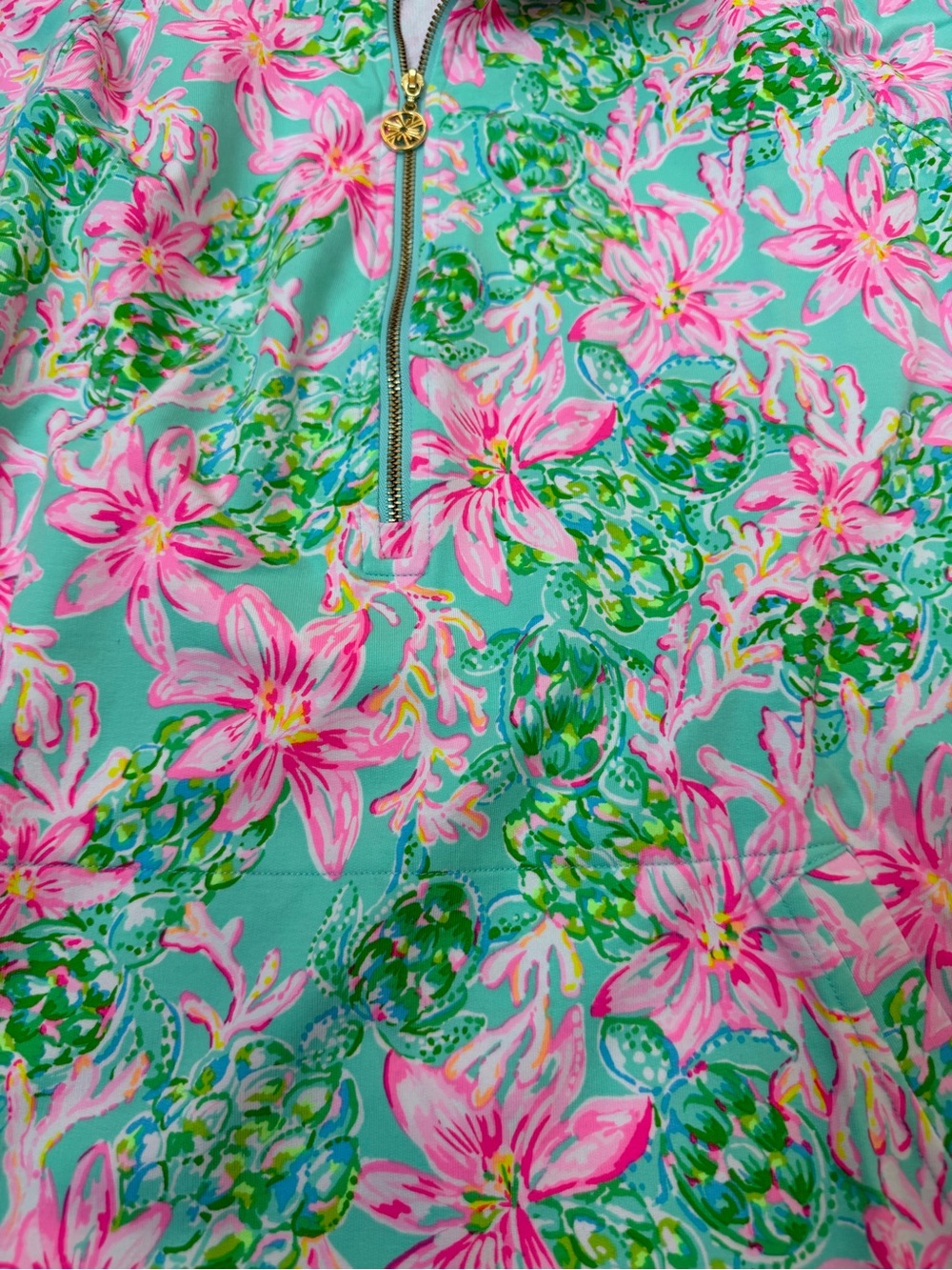 Lilly Pulitzer pullover sweatshirt quarter zip green and pink Lillies turtles xl - Picture 4 of 4